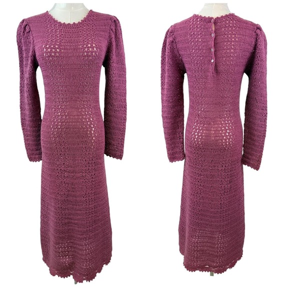 Handmade Dresses & Skirts - Cottagecore Vintage Handmade Crochet Maxi Dress Long Sleeve Sheer